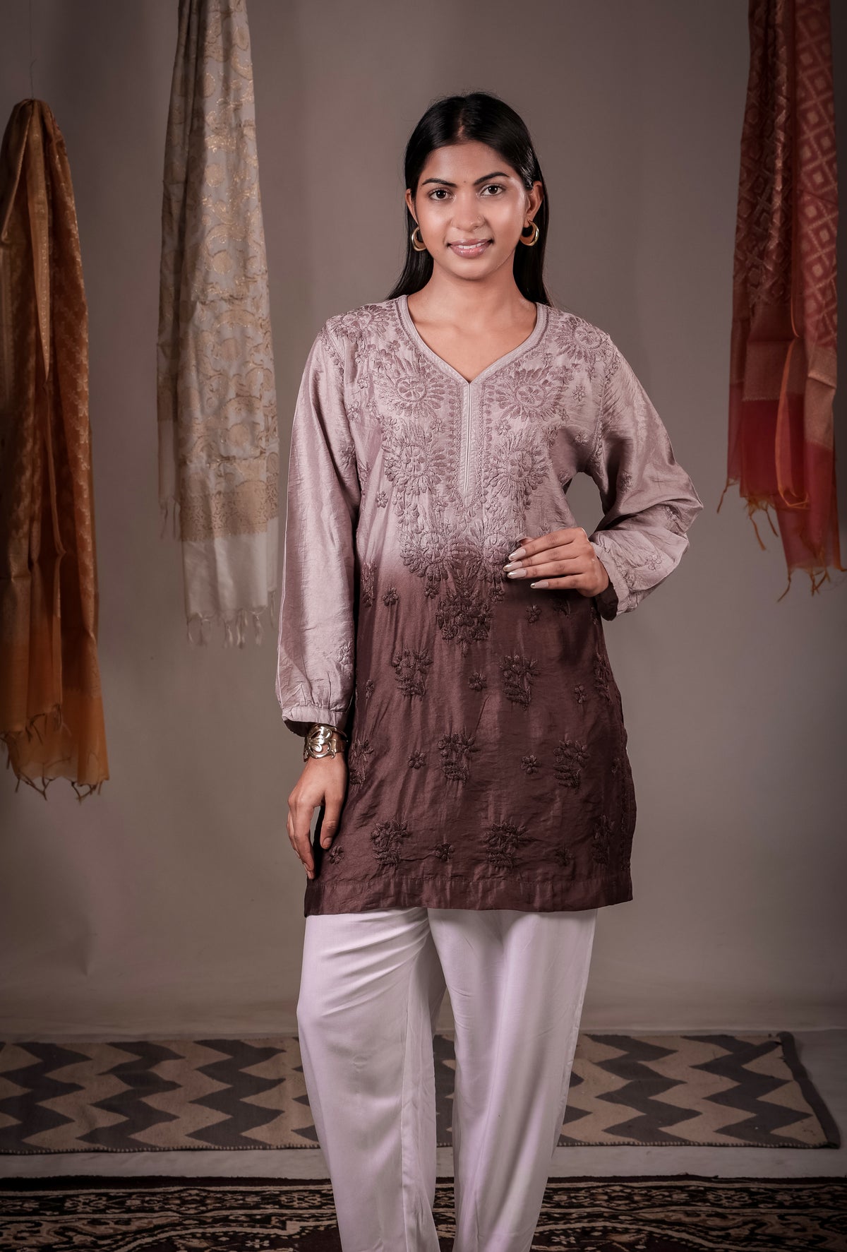 The Inaya Ombre Chanderi Chikankari Kurta - Dusty Mauve to Espresso