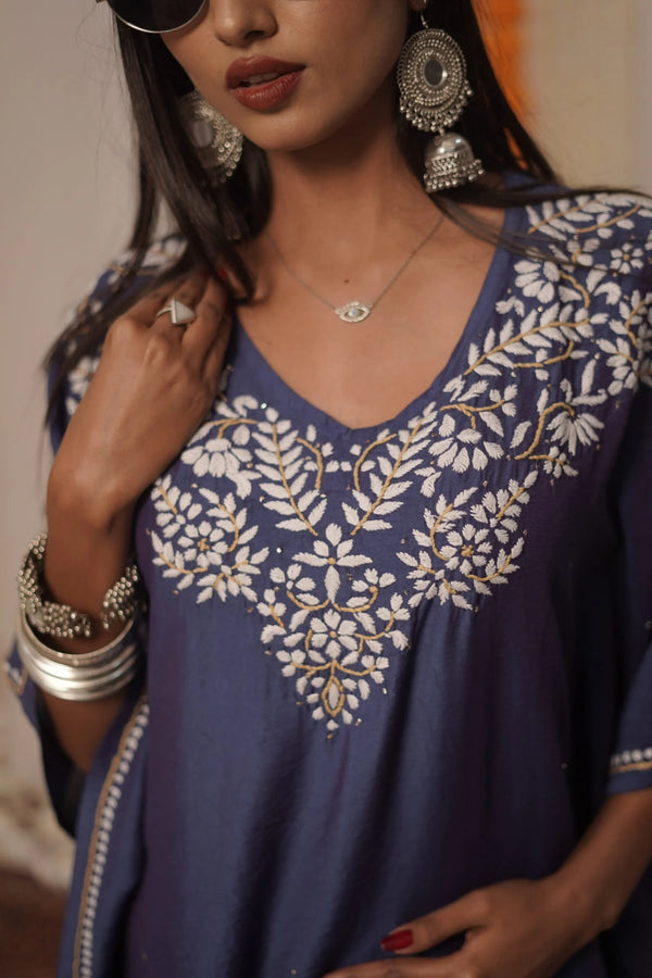 Premium Chanderi Silk Midnight Blue Sapphire Bloom Chikankari Kaftan Set with Kamdani Work alternate view