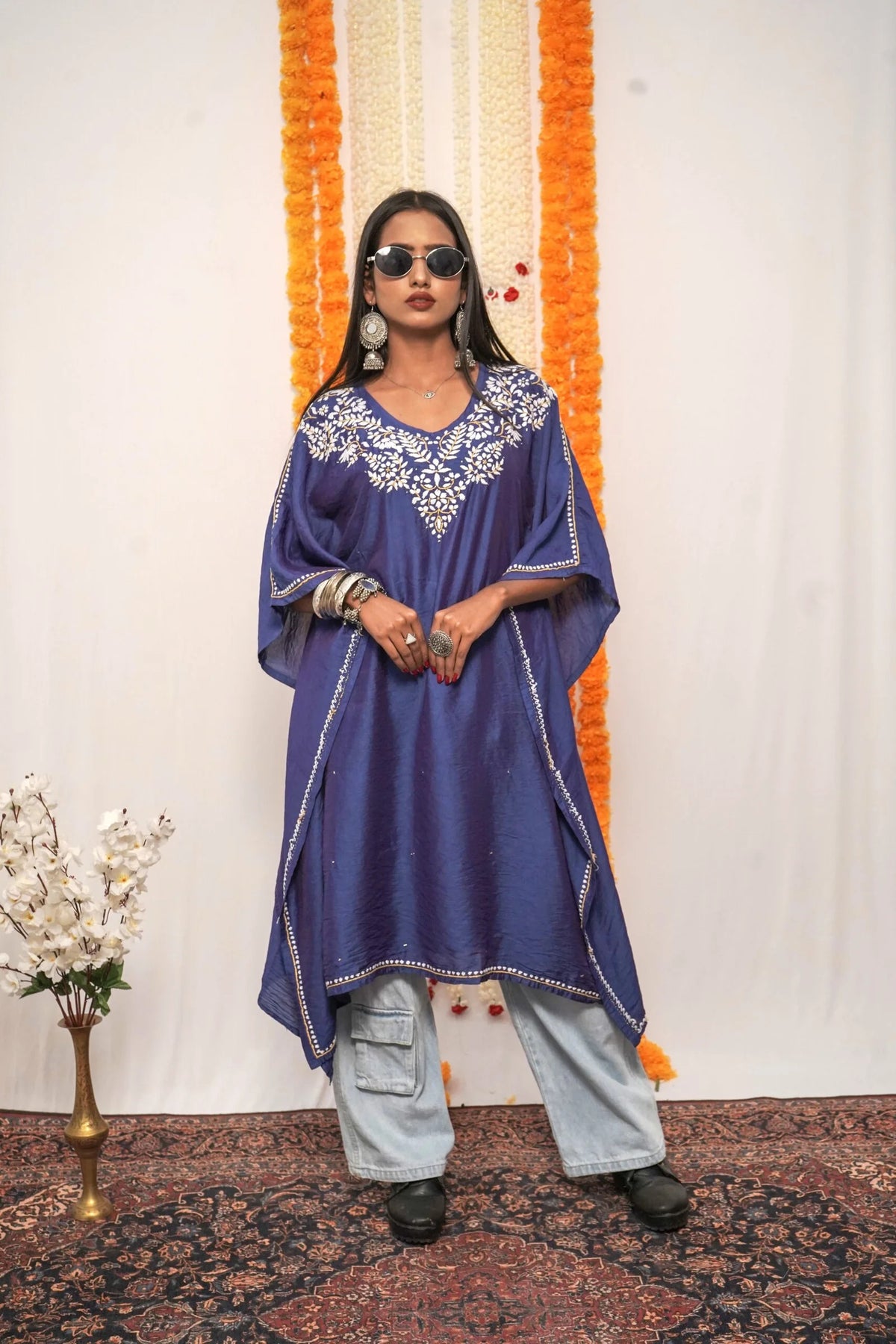 Midnight blue Sapphire Bloom premium Chanderi silk Chikankari kaftan set with Kamdani work.