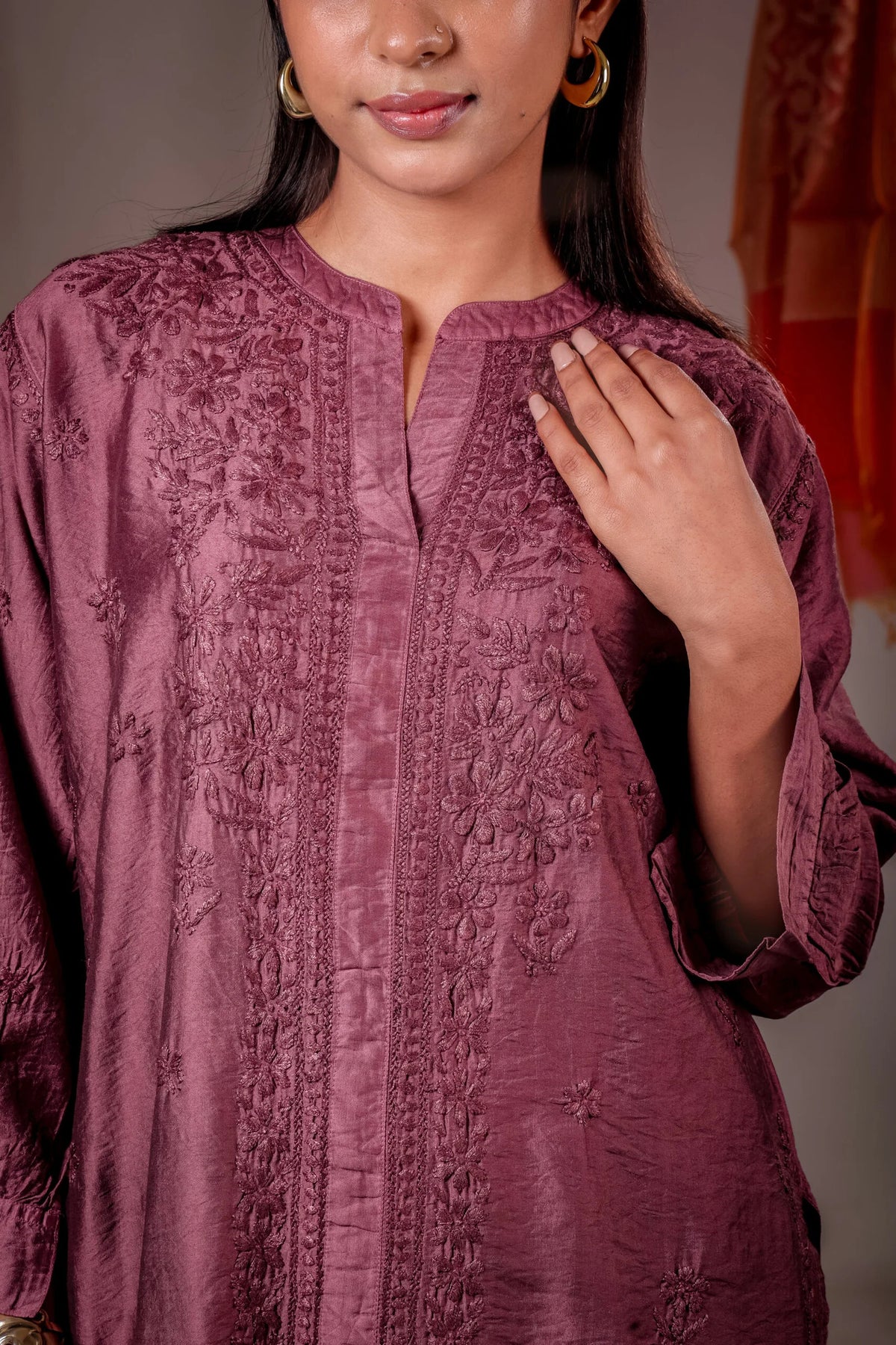 Zaira wine red pure Chanderi silk hand-embroidered Chikankari kurta set for women.