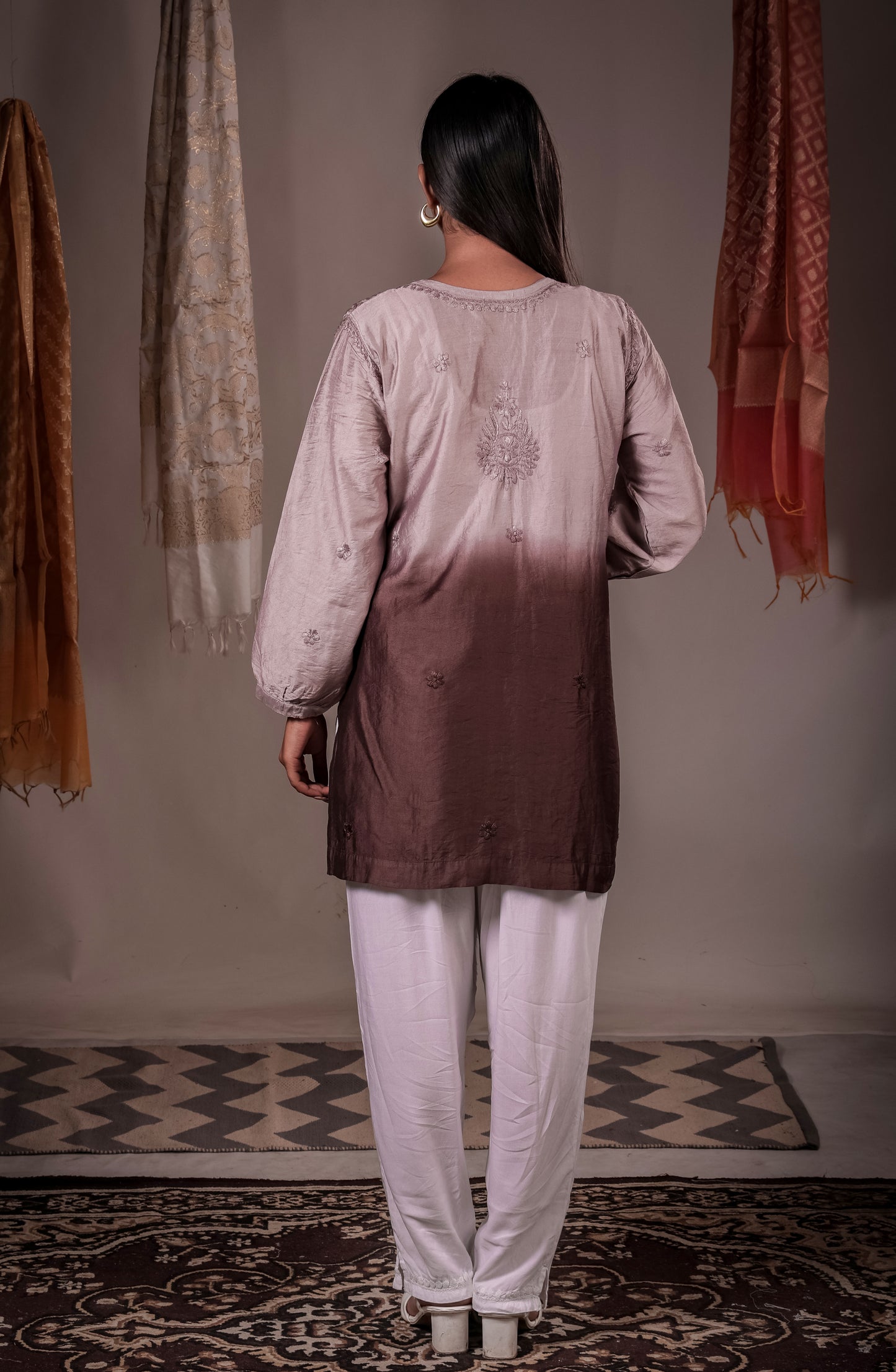 The Inaya Ombre Chanderi Chikankari Kurta - Dusty Mauve to Espresso