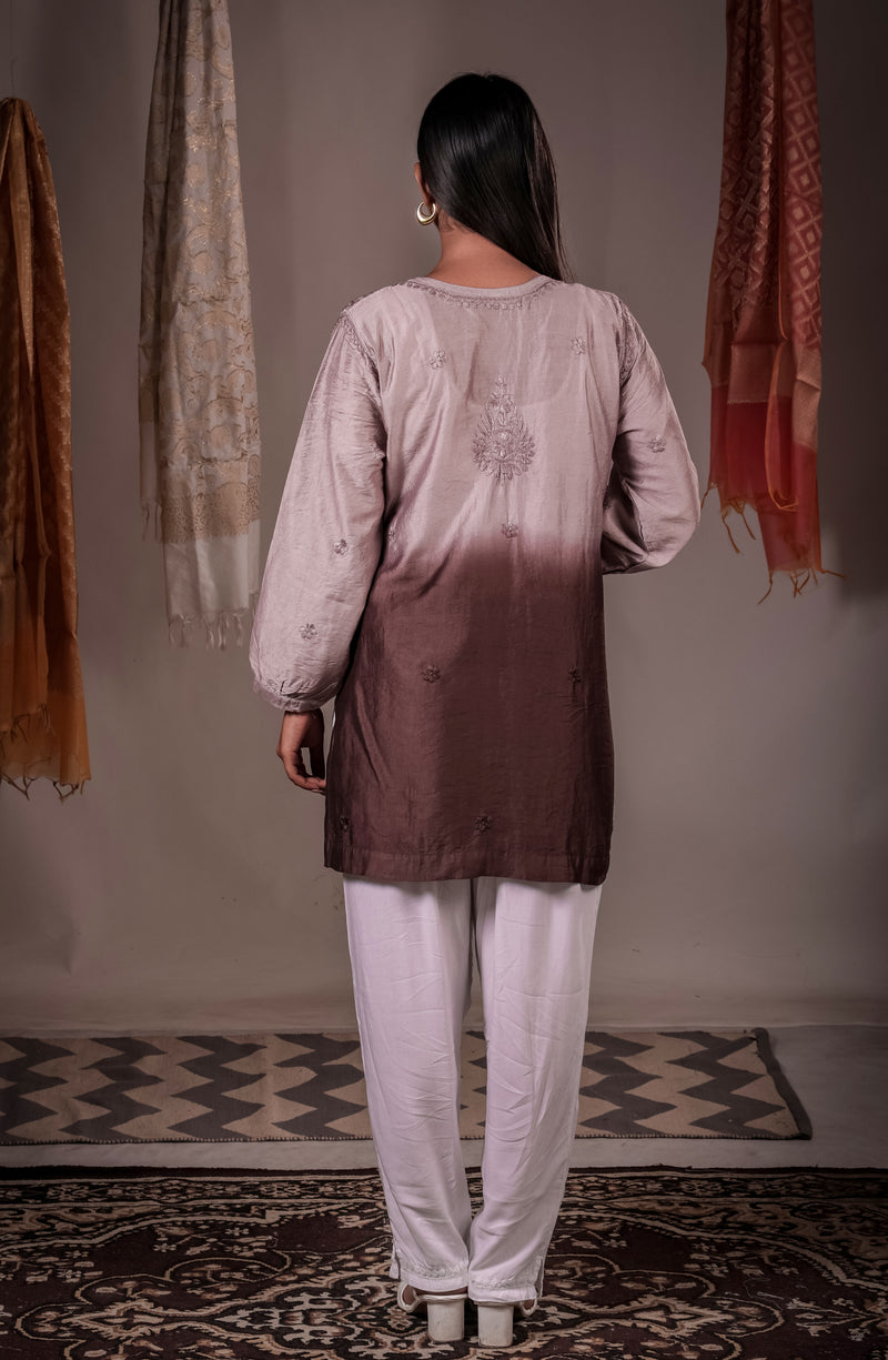The Inaya Ombre Chanderi Chikankari Kurta - Dusty Mauve to Espresso alternate view