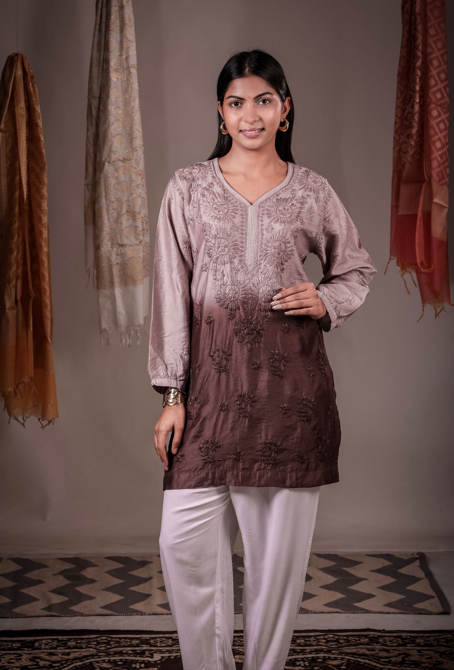 The Inaya Ombre Chanderi Chikankari Kurta - Dusty Mauve to Espresso