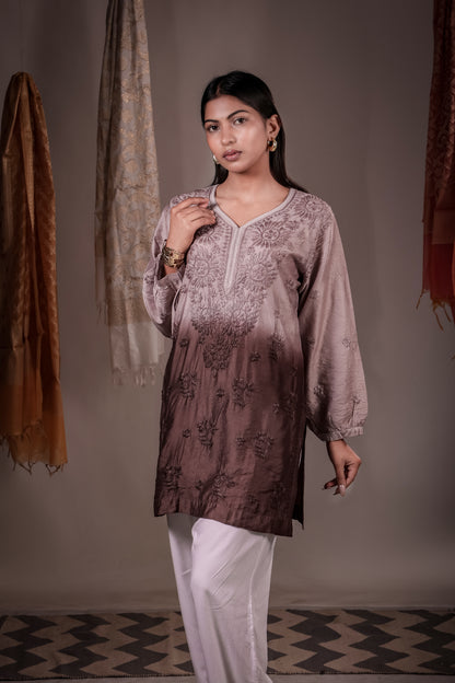 The Inaya Ombre Chanderi Chikankari Kurta - Dusty Mauve to Espresso