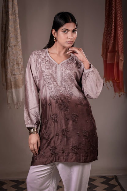 The Inaya Ombre Chanderi Chikankari Kurta - Dusty Mauve to Espresso