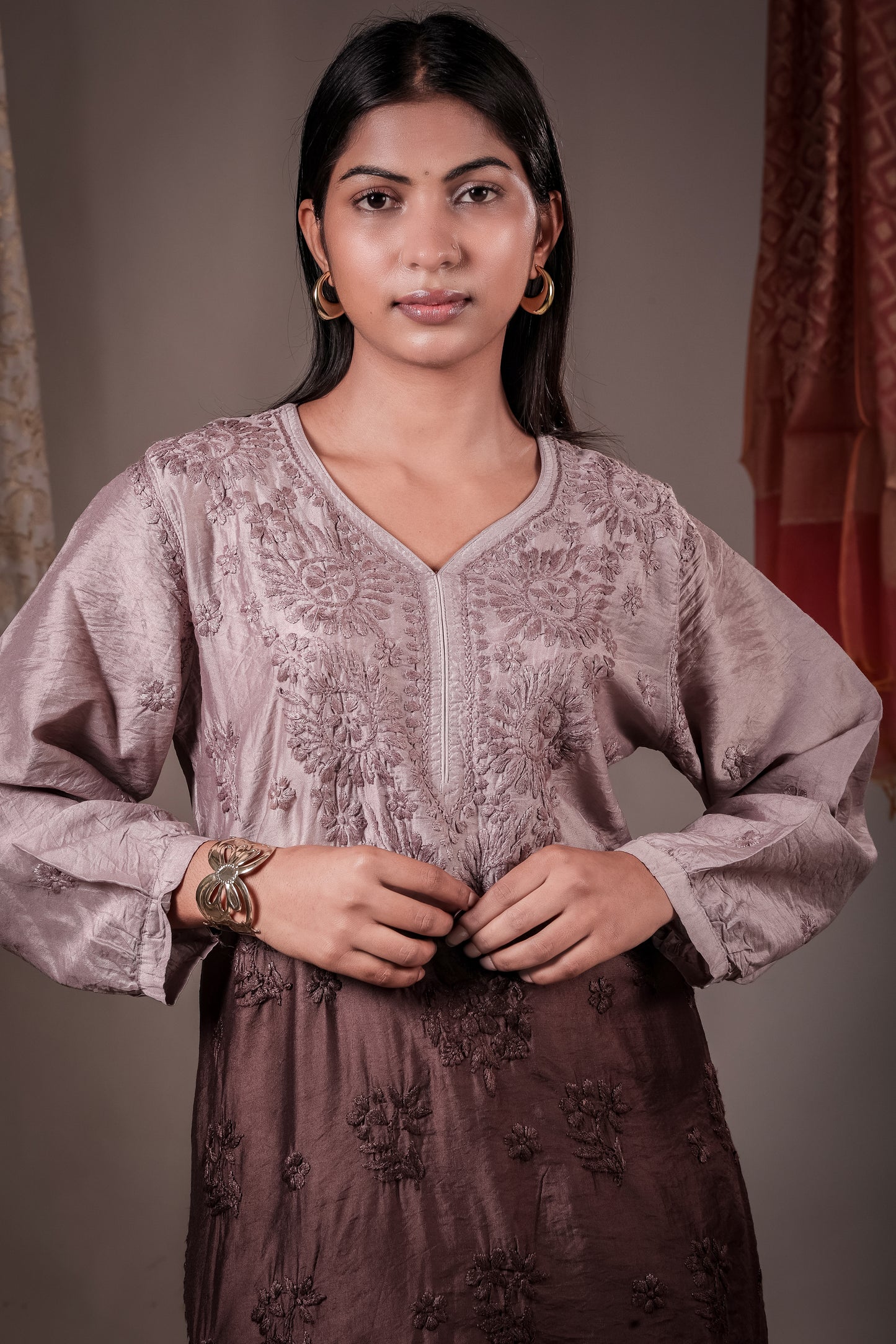 The Inaya Ombre Chanderi Chikankari Kurta - Dusty Mauve to Espresso
