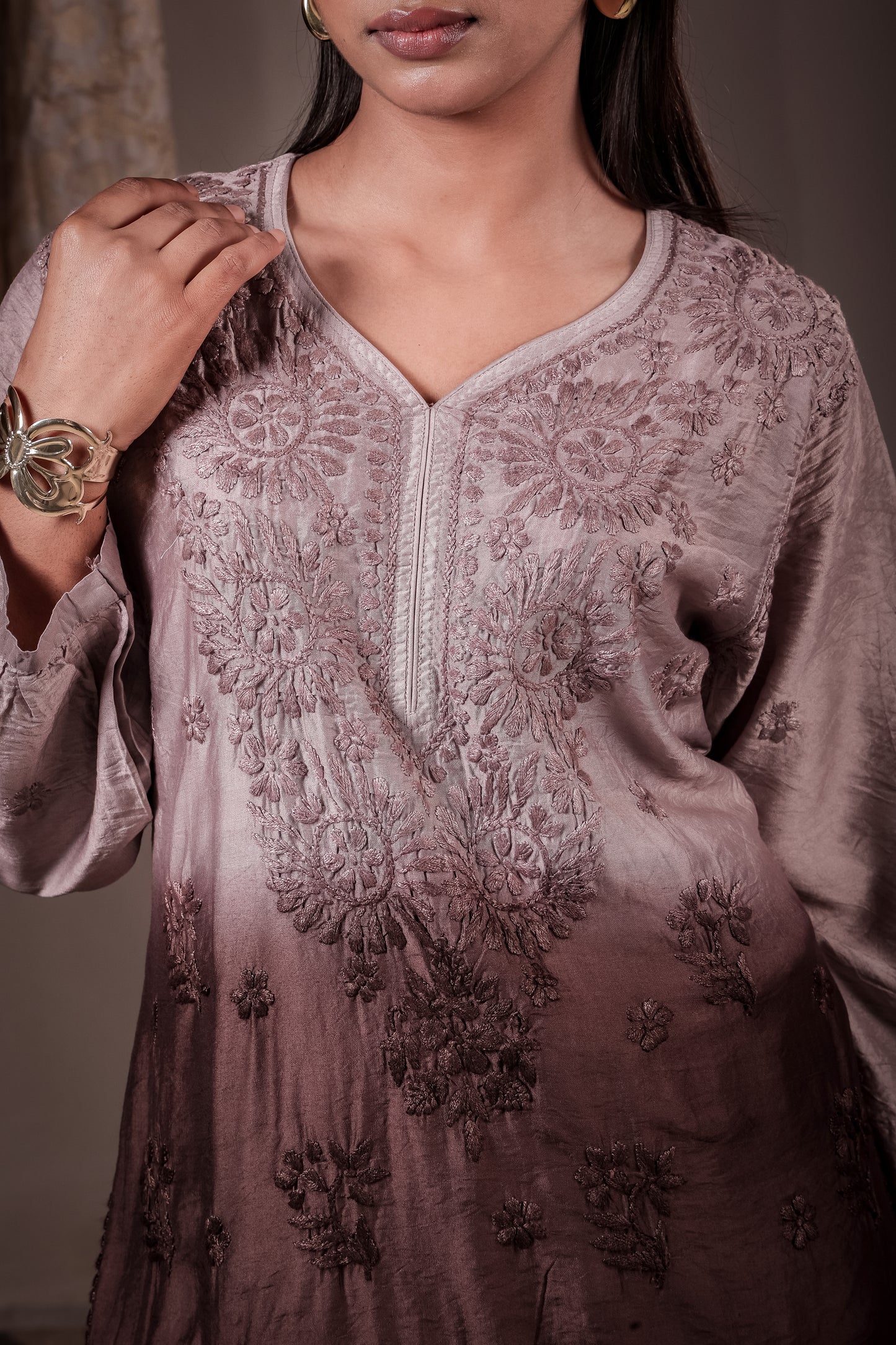 The Inaya Ombre Chanderi Chikankari Kurta - Dusty Mauve to Espresso