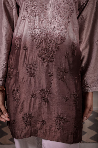 The Inaya Ombre Chanderi Chikankari Kurta - Dusty Mauve to Espresso