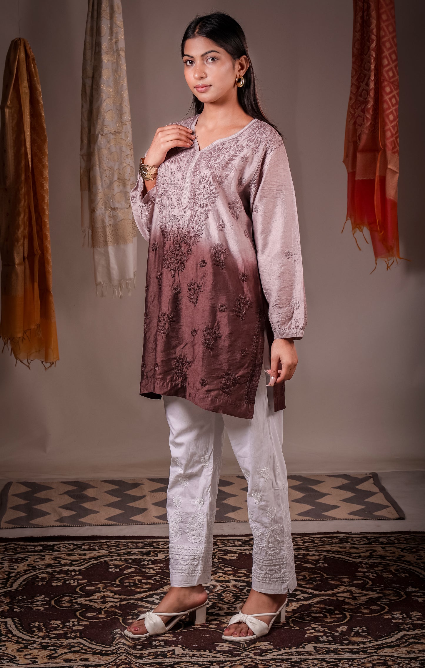 The Inaya Ombre Chanderi Chikankari Kurta - Dusty Mauve to Espresso