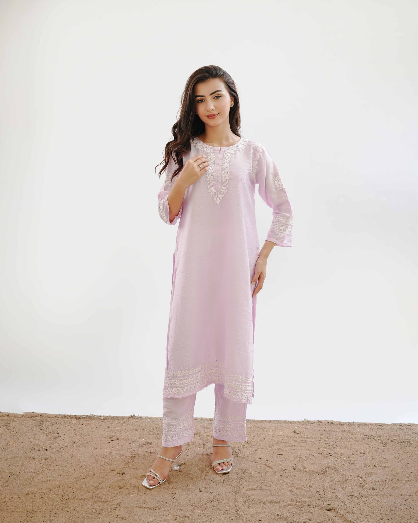 Ishqara Pastel Pink Mukaish Chanderi Kurta Set