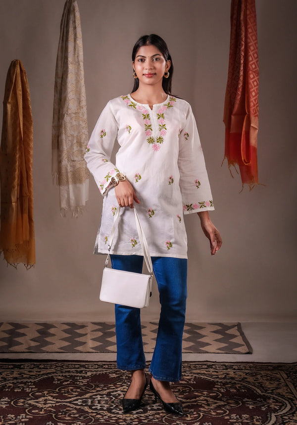 Aarohi Ivory Chanderi Embroidered Short Kurta