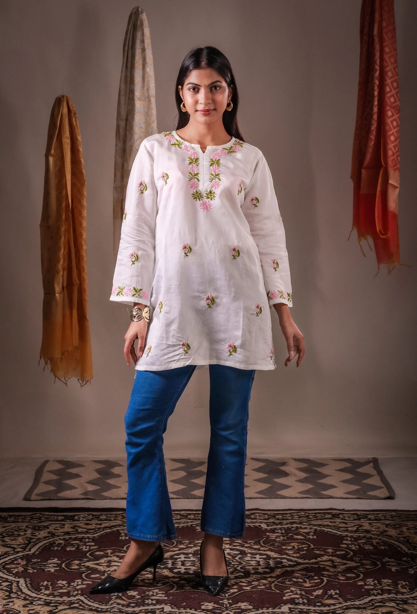 Aarohi ivory white Chanderi hand-embroidered Chikankari short kurta tunic top.