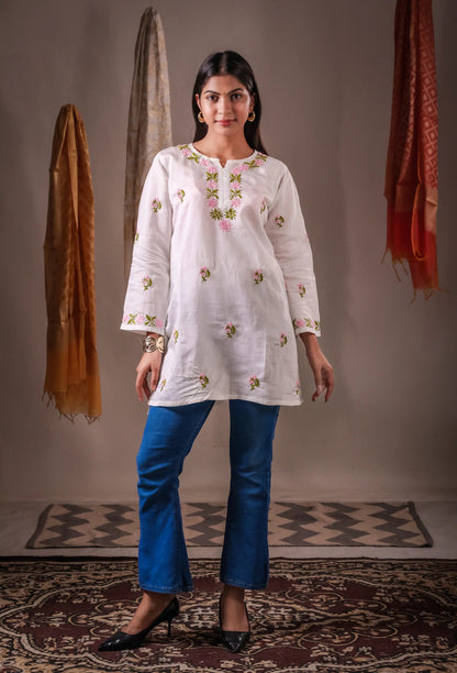 Aarohi ivory white Chanderi hand-embroidered Chikankari short kurta tunic top.