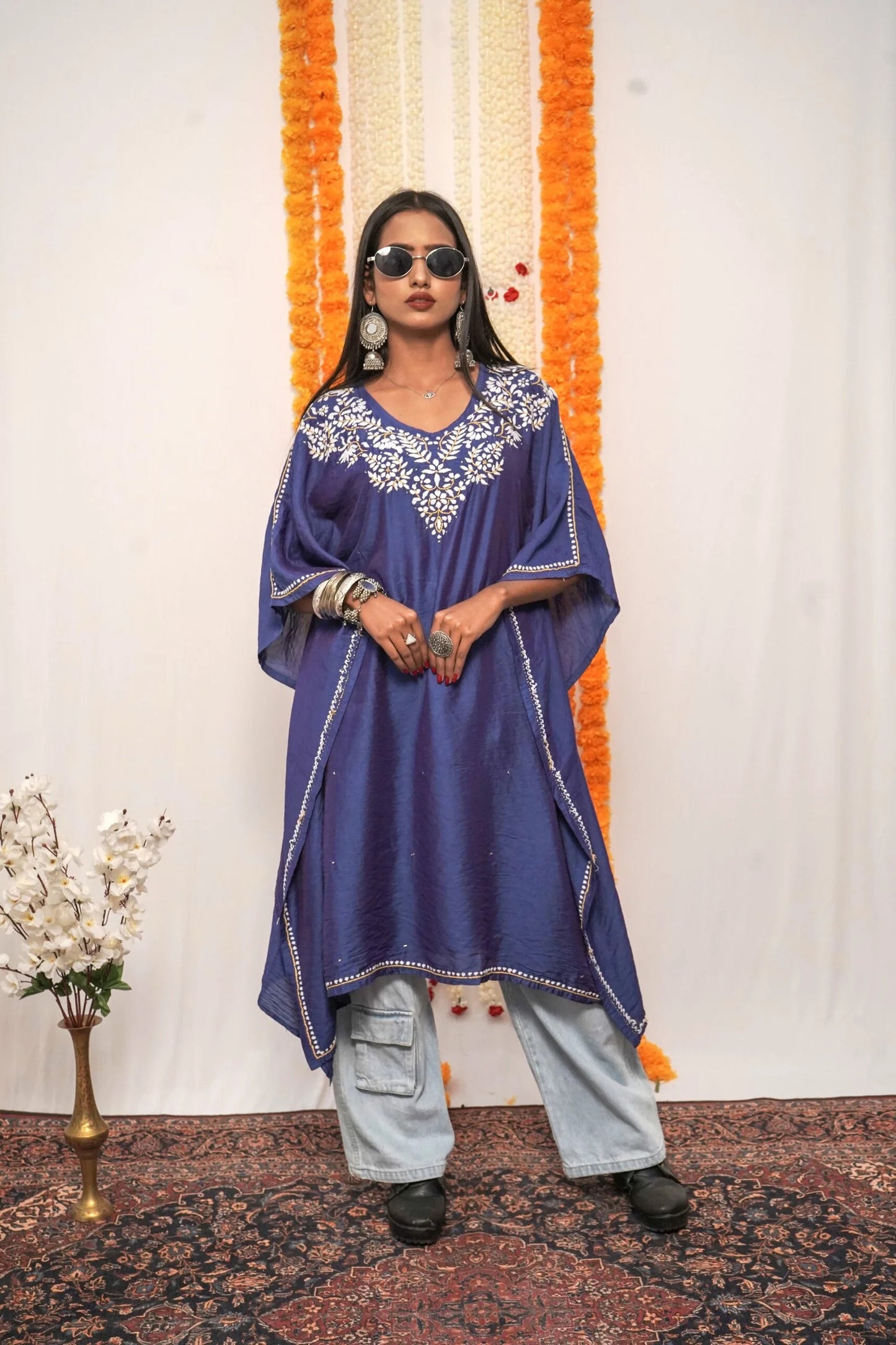 Midnight blue Sapphire Bloom premium Chanderi silk Chikankari kaftan set with Kamdani work.