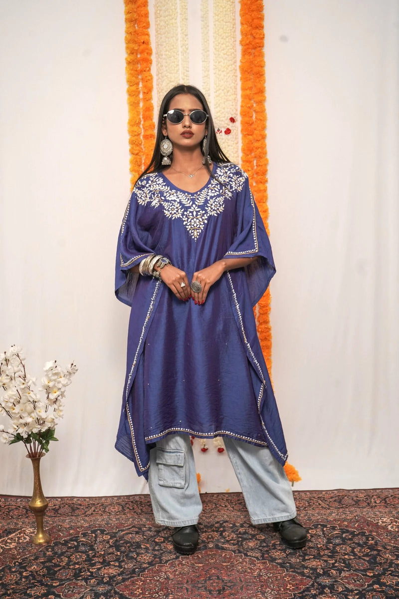 Premium Chanderi Silk Midnight Blue Sapphire Bloom Chikankari Kaftan Set with Kamdani Work