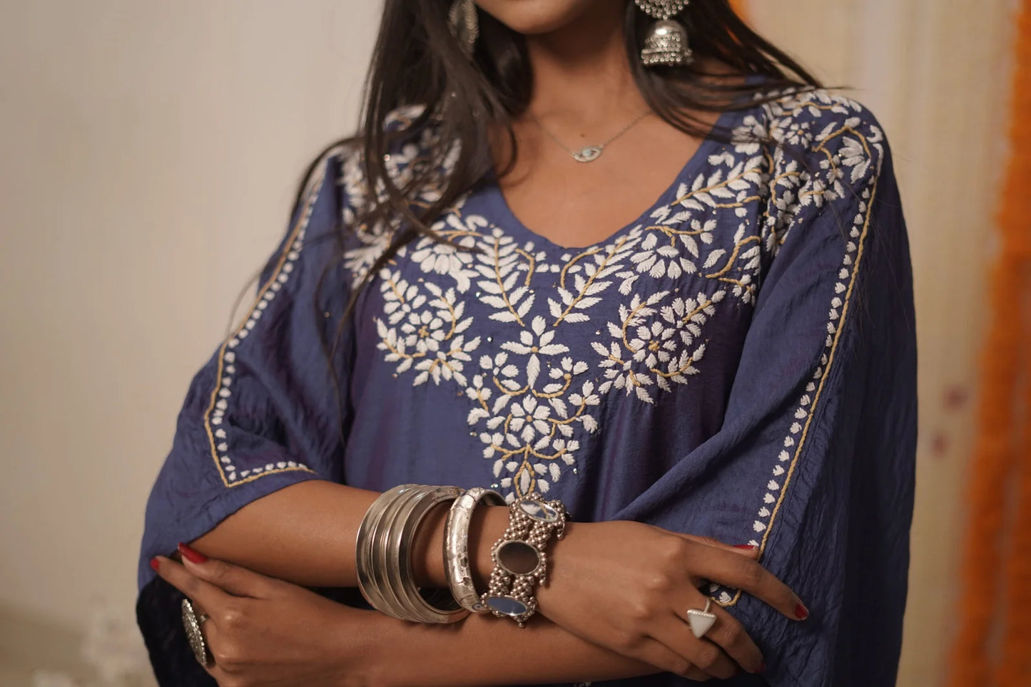 Midnight blue Sapphire Bloom premium Chanderi silk Chikankari kaftan set with Kamdani work.