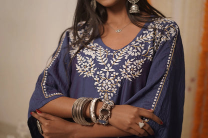 Midnight blue Sapphire Bloom premium Chanderi silk Chikankari kaftan set with Kamdani work.