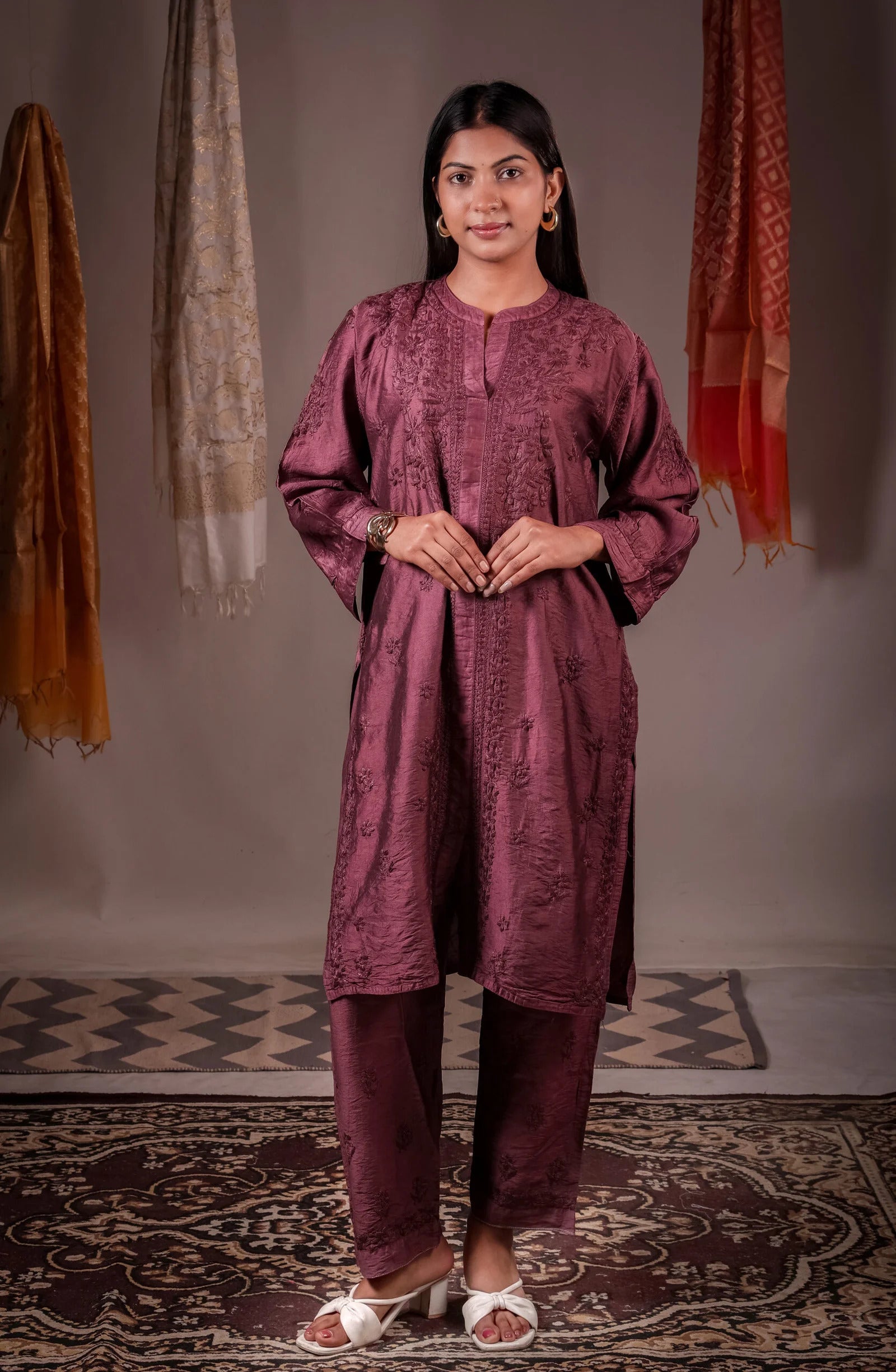Zaira wine red pure Chanderi silk hand-embroidered Chikankari kurta set for women.
