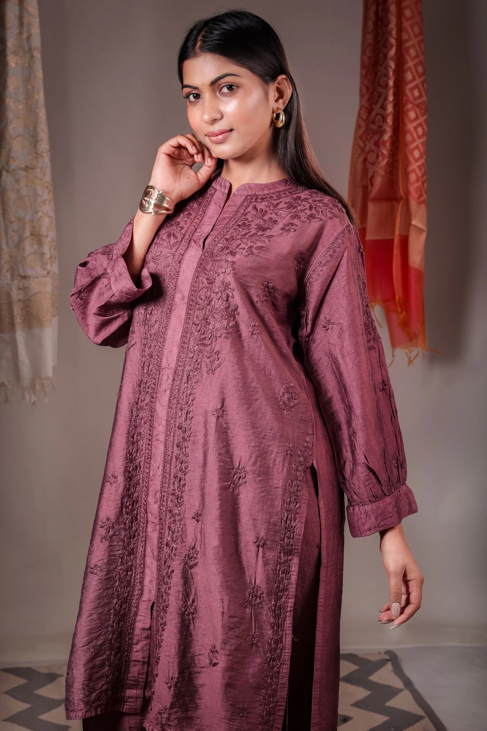 Zaira wine red pure Chanderi silk hand-embroidered Chikankari kurta set for women.