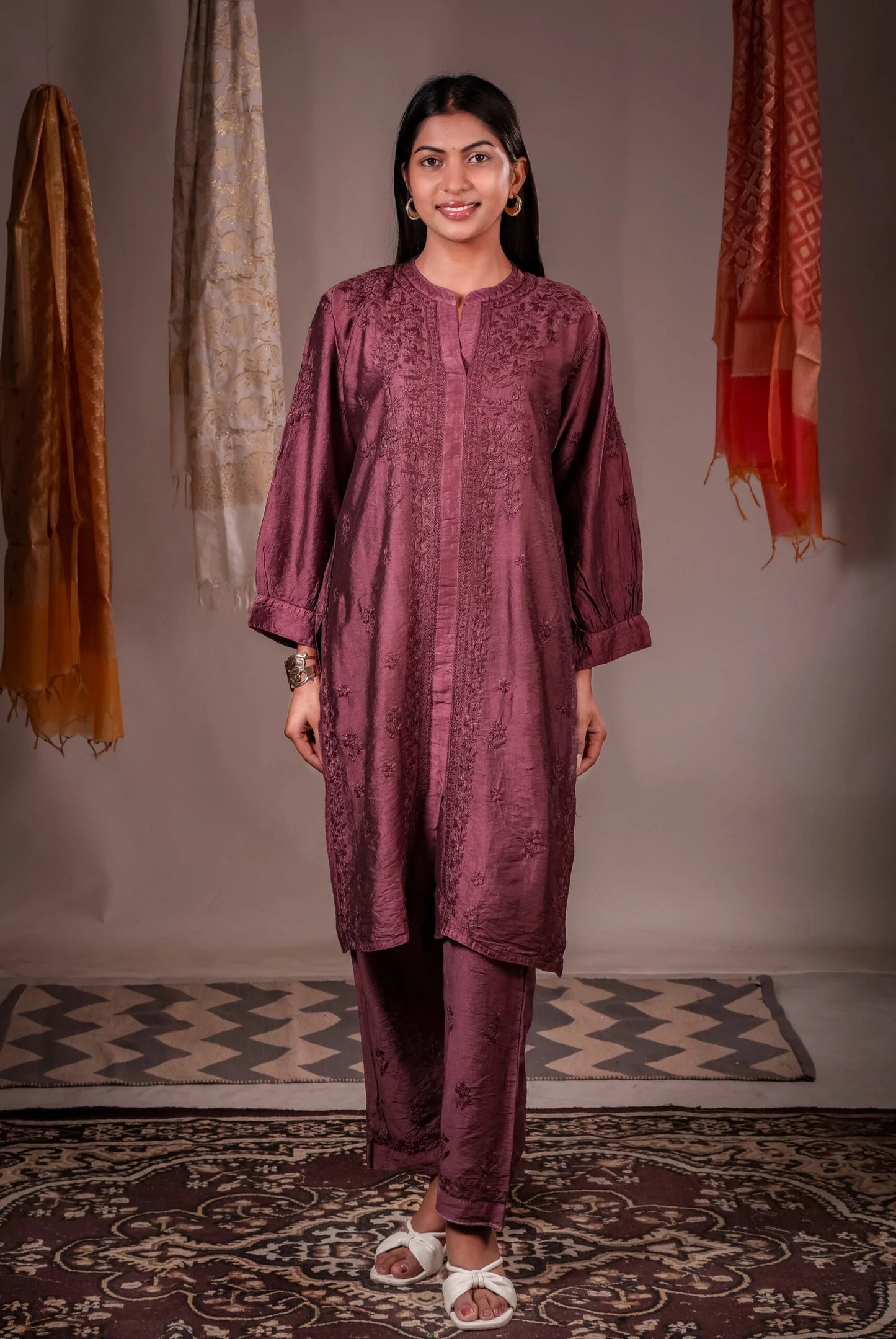 Zaira wine red pure Chanderi silk hand-embroidered Chikankari kurta set for women.