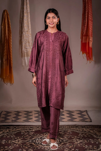 Zaira wine red pure Chanderi silk hand-embroidered Chikankari kurta set for women.