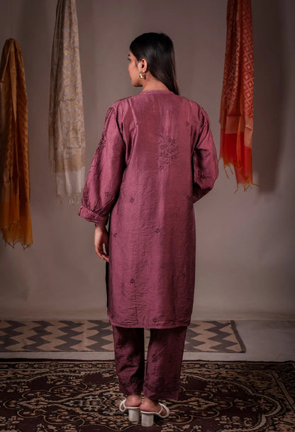 Zaira wine red pure Chanderi silk hand-embroidered Chikankari kurta set for women.