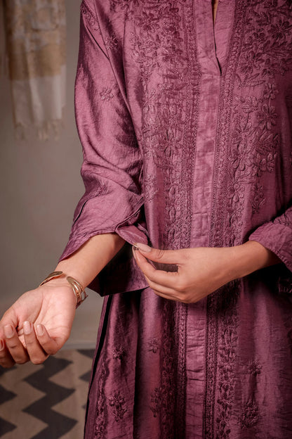 Zaira wine red pure Chanderi silk hand-embroidered Chikankari kurta set for women.
