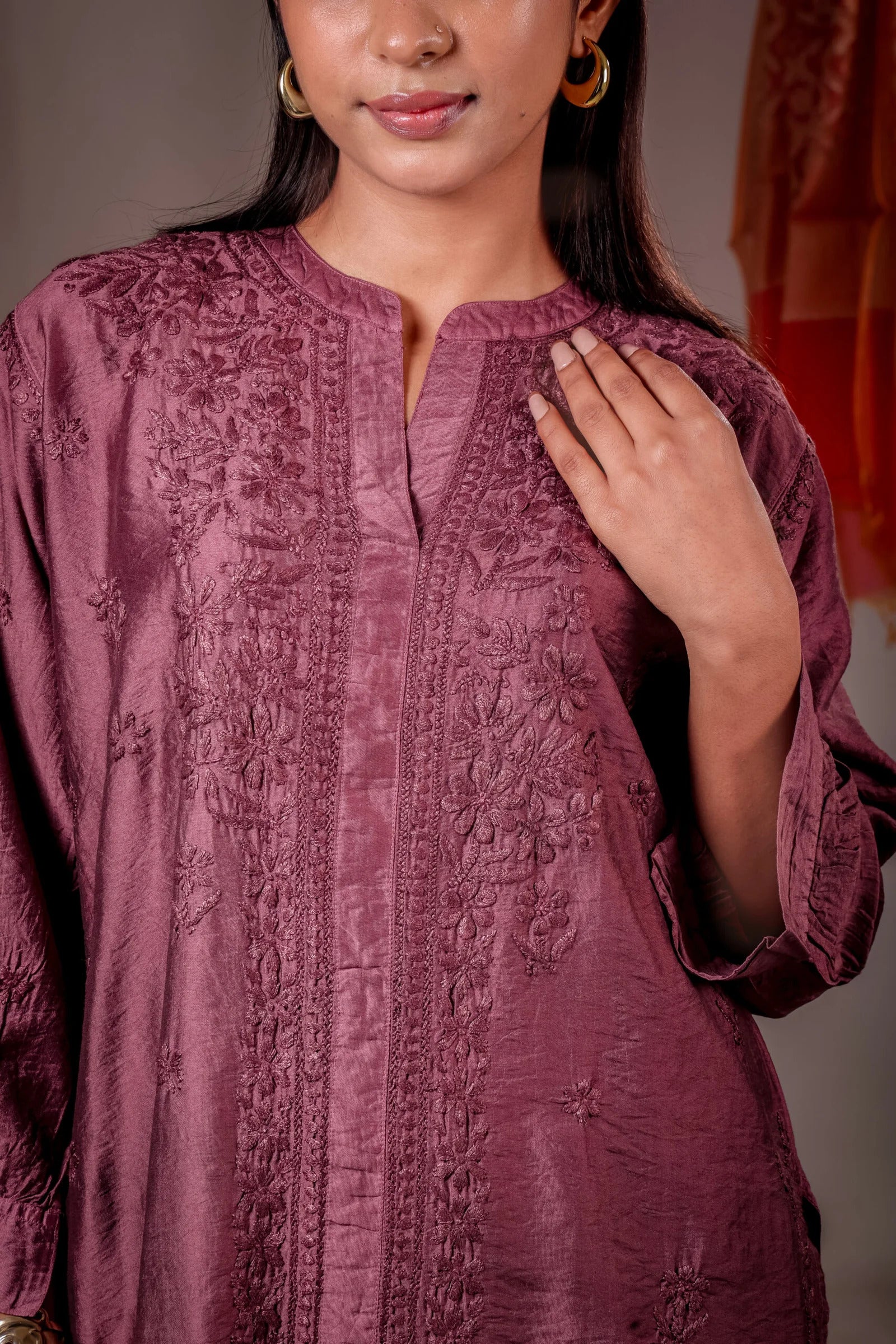 Zaira wine red pure Chanderi silk hand-embroidered Chikankari kurta set for women.