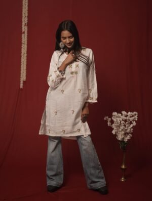 Aarohi Ivory Chanderi Embroidered Short Kurta
