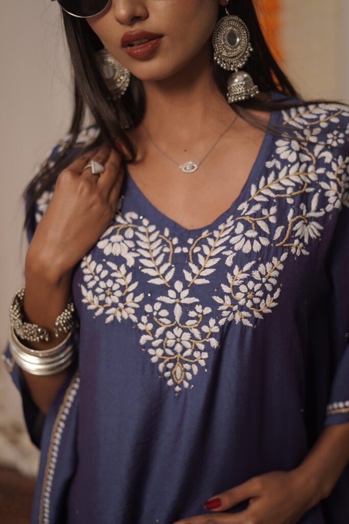 Premium Chanderi Silk Midnight Blue Sapphire Bloom Chikankari Kaftan Set with Kamdani Work Hover
